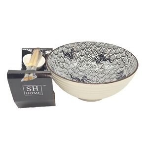 SH Home Black Dragon Waves Ceramic Ramen Noodle Bowl Set 43oz Chopsticks Spoon
